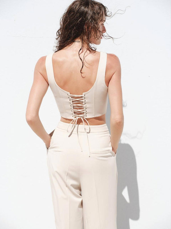 Askılı Crop Palazzo Pantolon Takım Bej