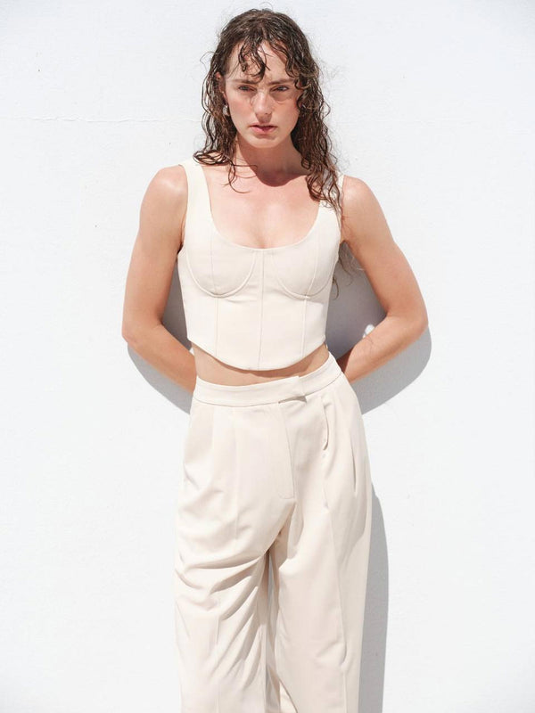 Askılı Crop Palazzo Pantolon Takım Bej