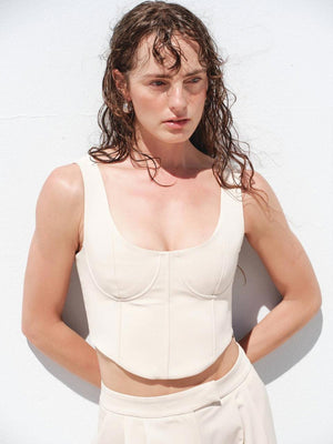 Askılı Crop Palazzo Pantolon Takım Bej