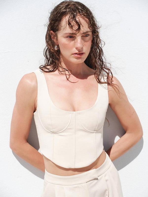 Askılı Crop Palazzo Pantolon Takım Bej