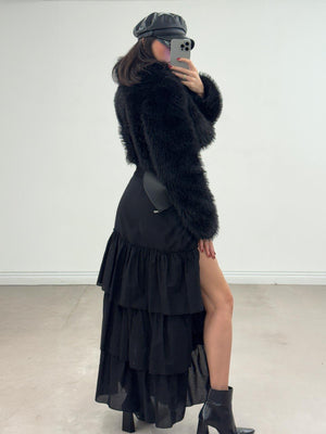 Bağlamalı Katlı Maxi Poplin Etek Siyah