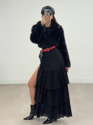 Bağlamalı Katlı Maxi Poplin Etek Siyah