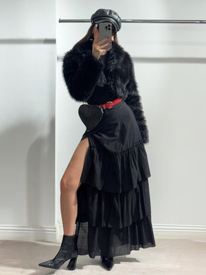 Bağlamalı Katlı Maxi Poplin Etek Siyah