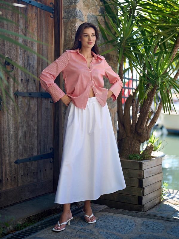 Beli Lastikli Midi Etek Beyaz