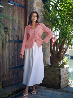 Beli Lastikli Midi Etek Beyaz