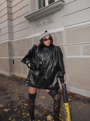 Büzgü Detay Oversize Deri Kısa Trençkot Siyah