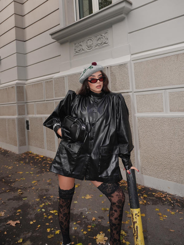 Büzgü Detay Oversize Deri Kısa Trençkot Siyah