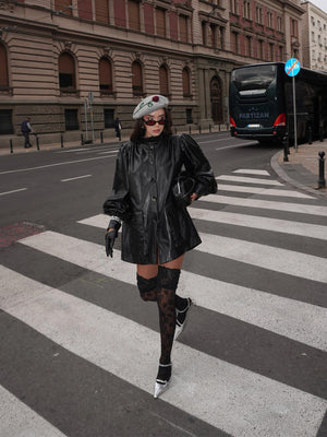 Büzgü Detay Oversize Deri Kısa Trençkot Siyah