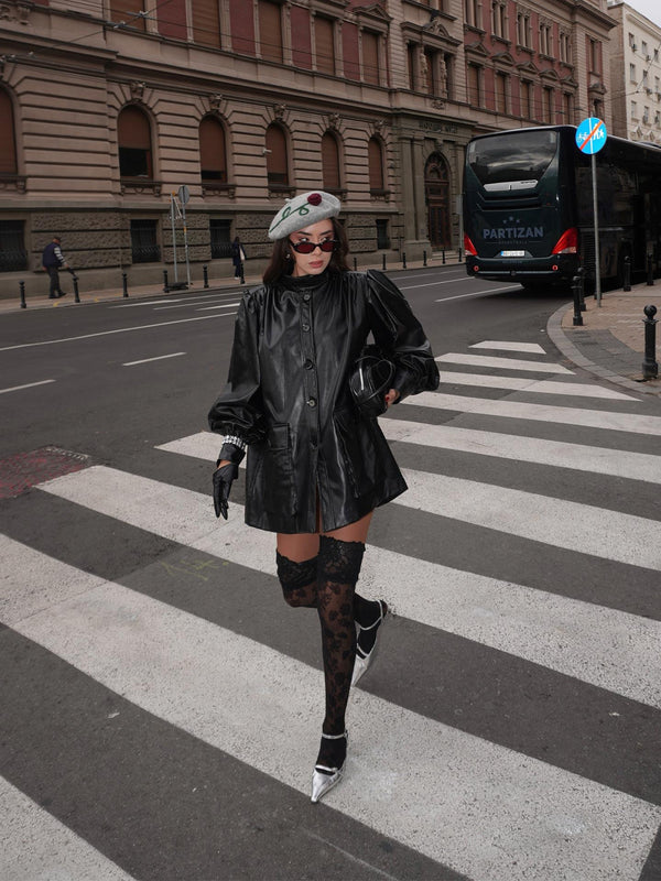 Büzgü Detay Oversize Deri Kısa Trençkot Siyah