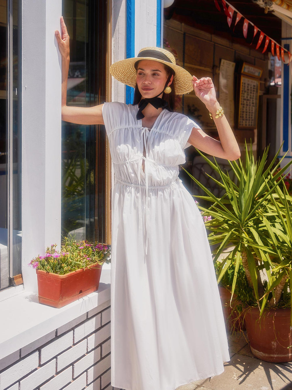 Biye Detaylı Maxi Elbise Beyaz