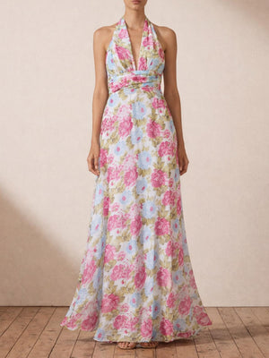 Şifon Desenli Drape Detay Uzun Elbise