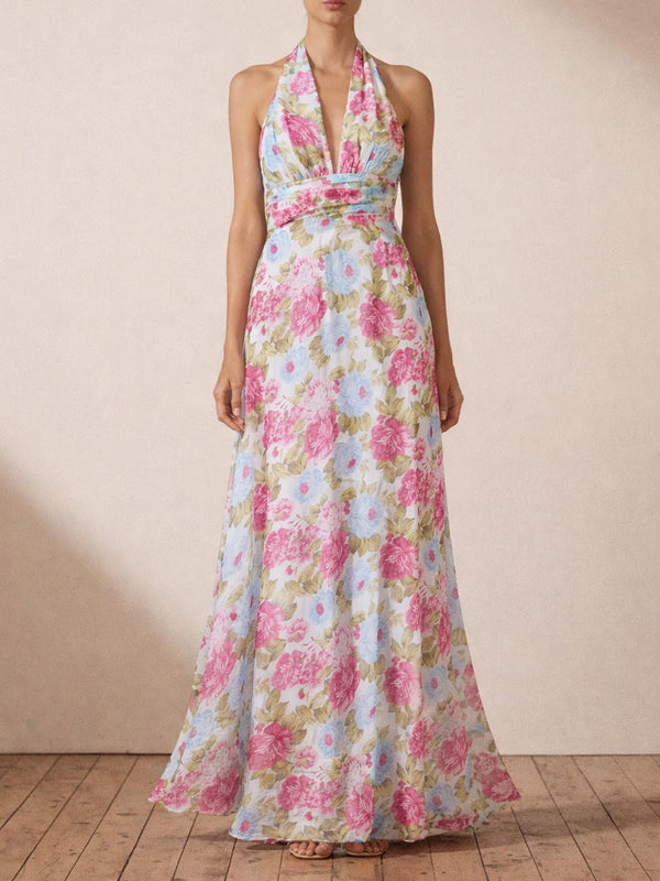 Şifon Desenli Drape Detay Uzun Elbise