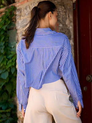 Çizgi Desen Poplin Crop Gömlek Mavi