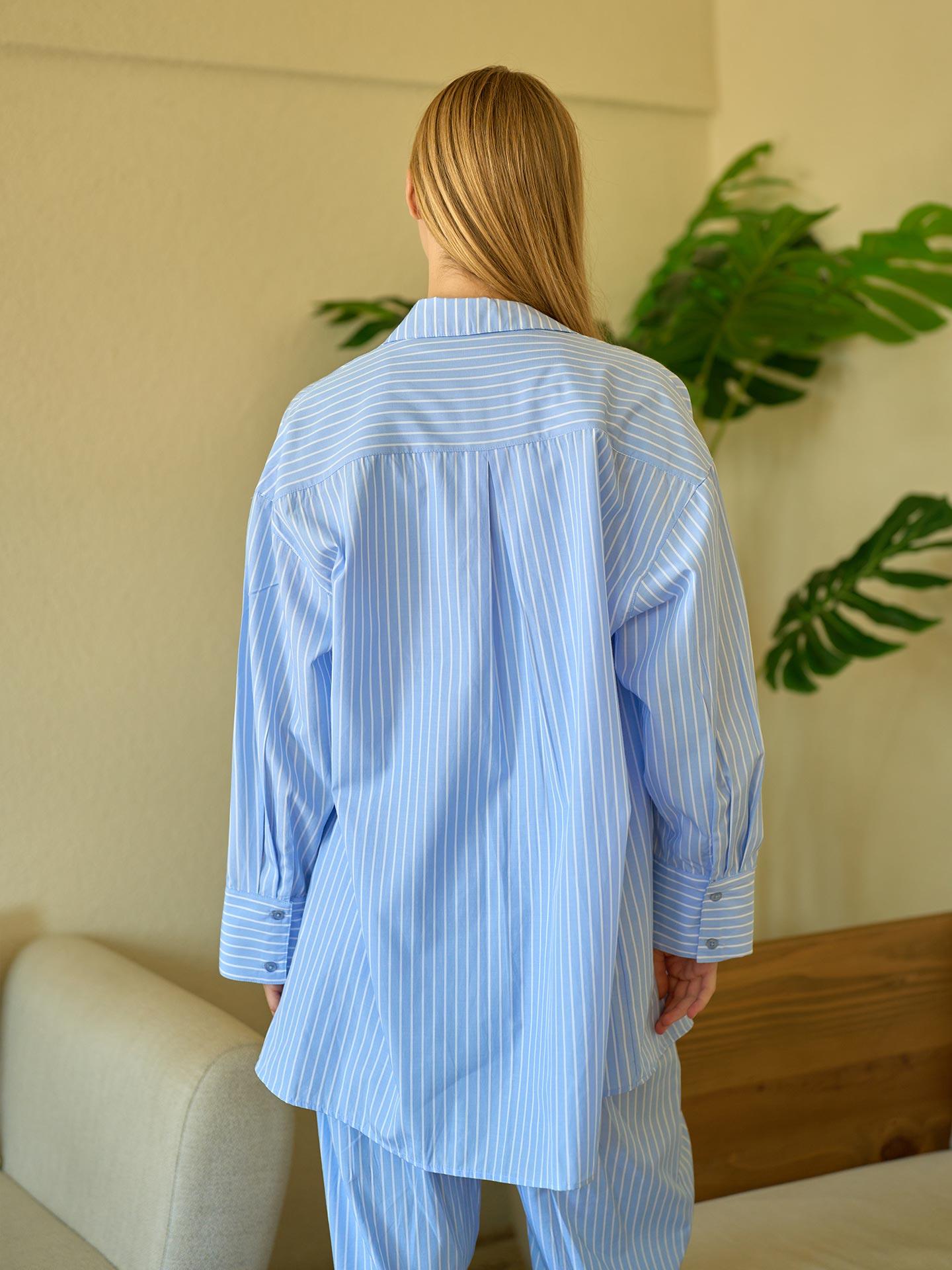 Çizgi Desen Poplin Oversize Mavi Boyfriend Gömlek