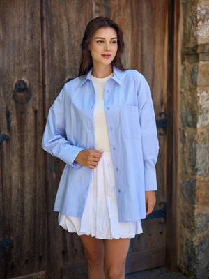 Çizgi Desen Poplin Oversize Mavi Boyfriend Gömlek