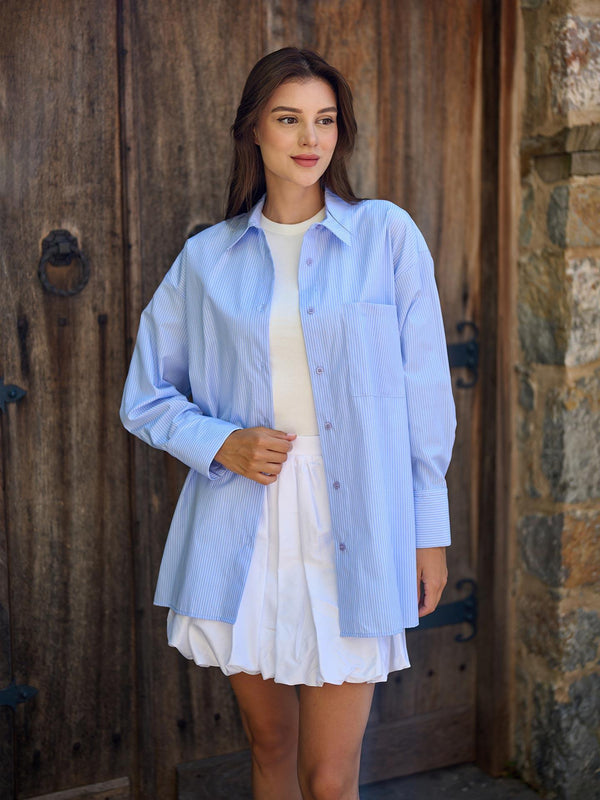 Çizgi Desen Poplin Oversize Mavi Boyfriend Gömlek