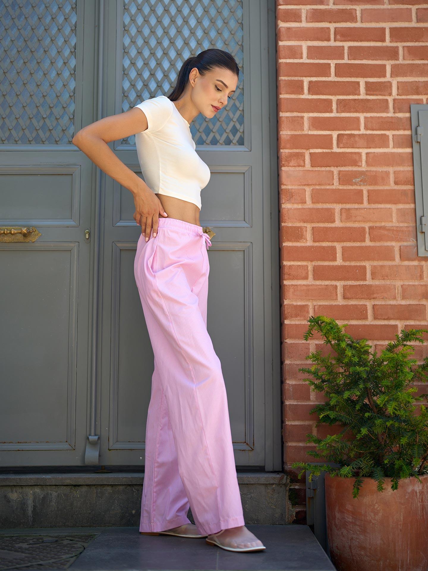 Çizgi Desen Poplin Pembe Bol Pantolon