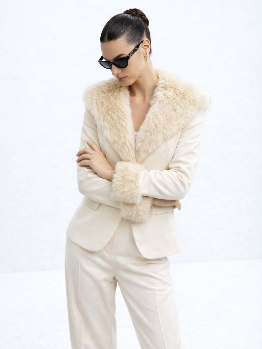 Kürk Yaka Deri Ceket Krem