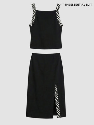 Triko Desen Detay Bluz-Etek Takım Siyah