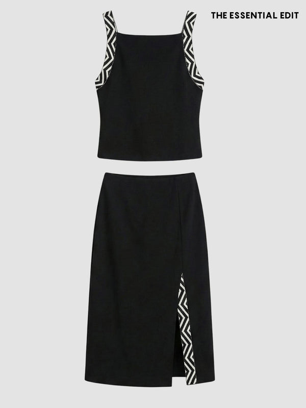 Triko Desen Detay Bluz-Etek Takım Siyah