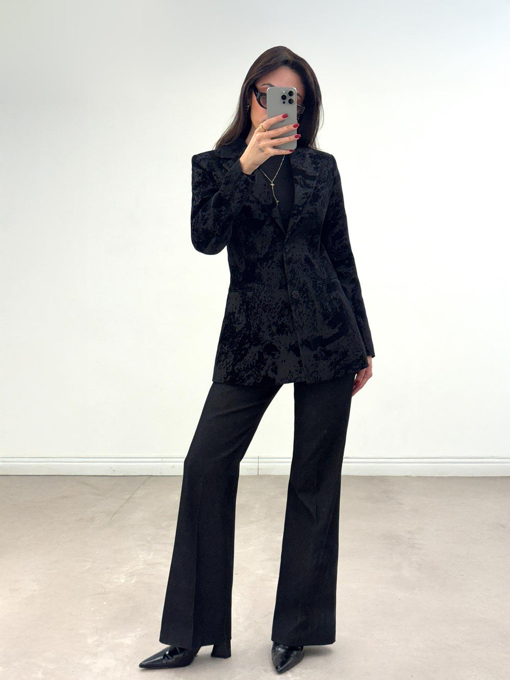 Desenli Bele Oturan Blazer Siyah