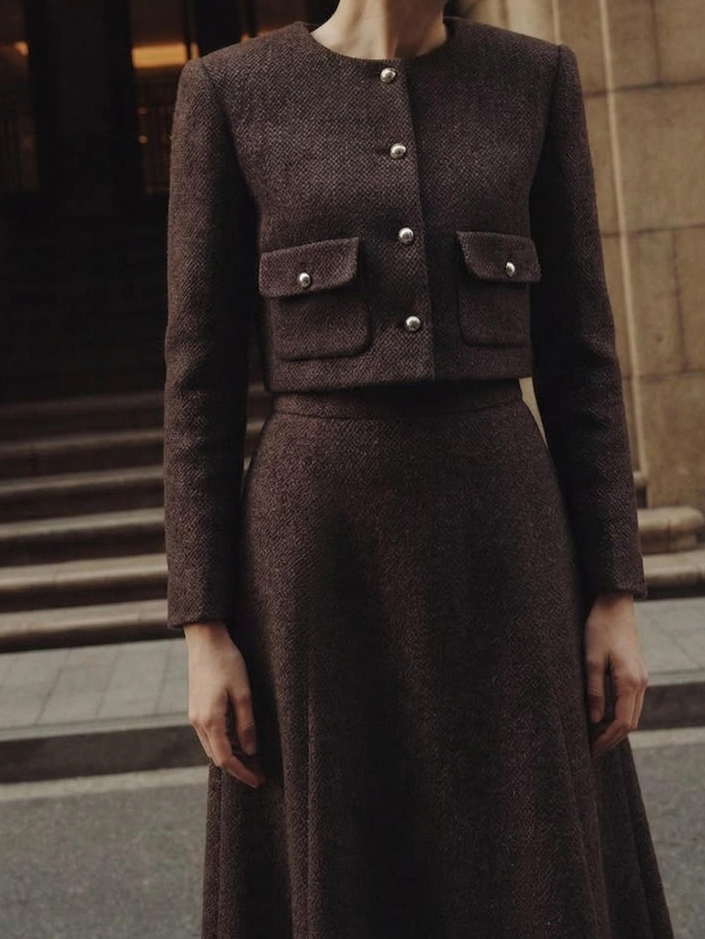 Dokulu Bisiklet  Yaka Düğme Detaylı Ceket Kahverengi