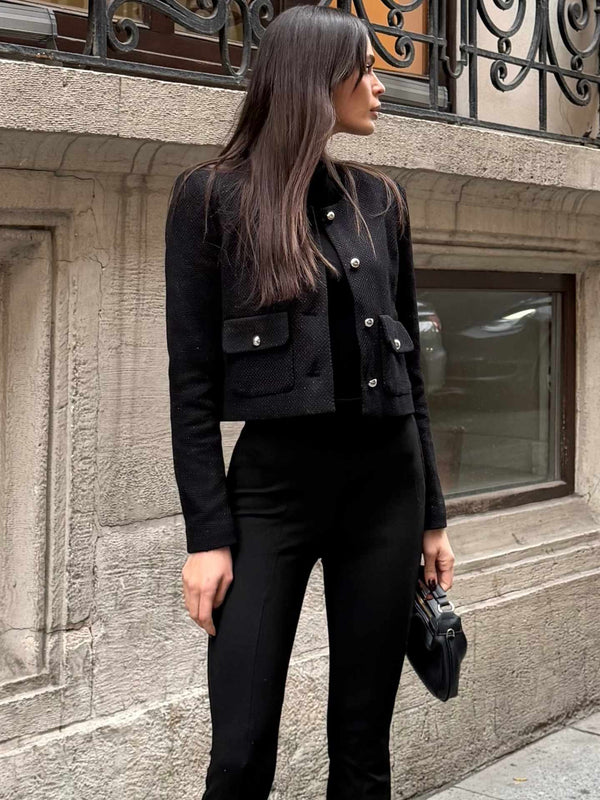 Dokulu Bisiklet  Yaka Düğme Detaylı Ceket Siyah