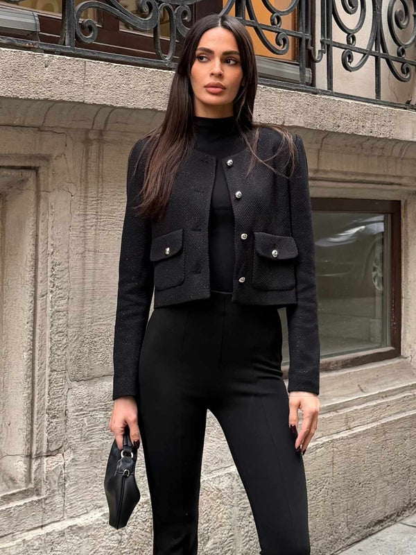 Dokulu Bisiklet  Yaka Düğme Detaylı Ceket Siyah