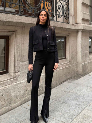 Dokulu Bisiklet  Yaka Düğme Detaylı Ceket Siyah