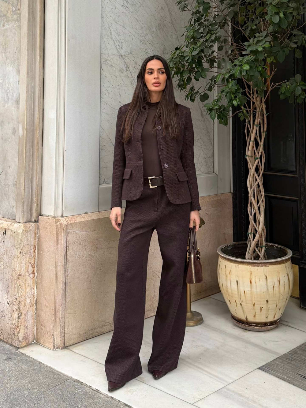 Dokulu Pileli Palazzo Pantolon Kahverengi