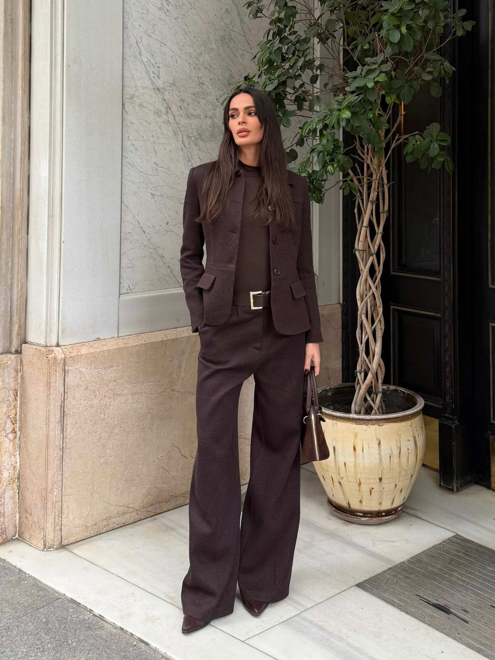 Dokulu Pileli Palazzo Pantolon Kahverengi