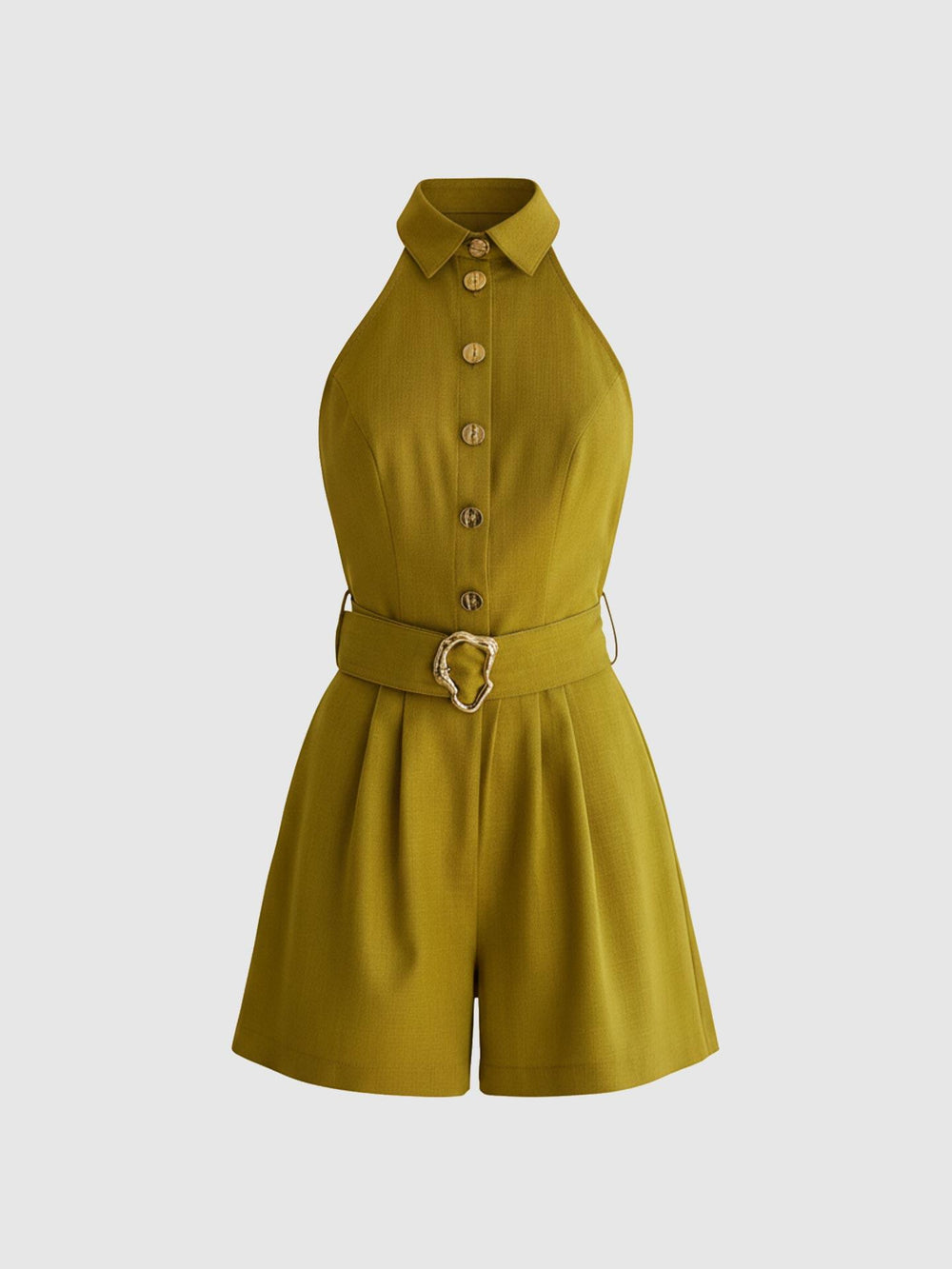 Düğme Detaylı Halter Yaka Şort Tulum Yeşil
