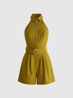 Düğme Detaylı Halter Yaka Şort Tulum Yeşil