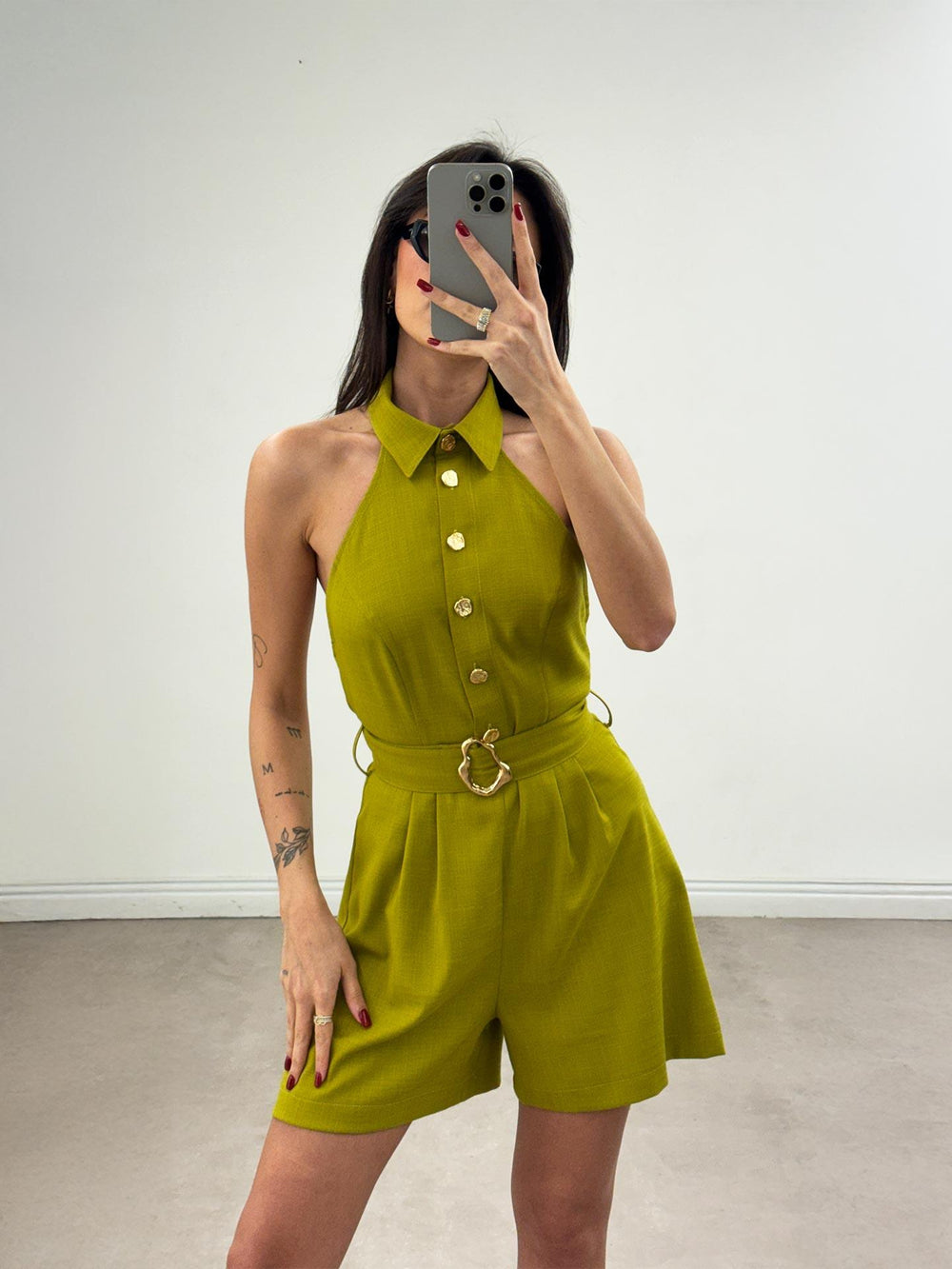 Düğme Detaylı Halter Yaka Şort Tulum Yeşil