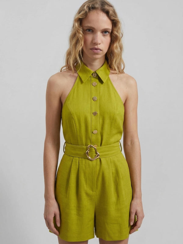 Düğme Detaylı Halter Yaka Şort Tulum Yeşil