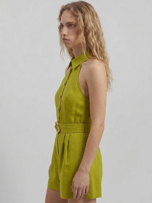 Düğme Detaylı Halter Yaka Şort Tulum Yeşil