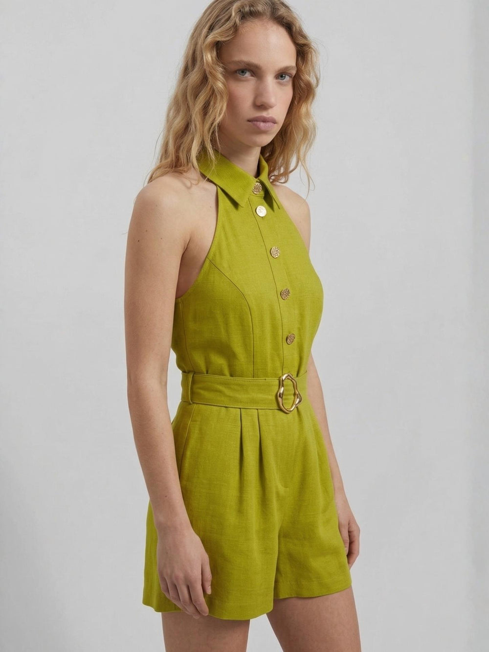Düğme Detaylı Halter Yaka Şort Tulum Yeşil