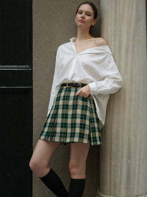 Ekose Desen Pileli Mini Etek Yeşil