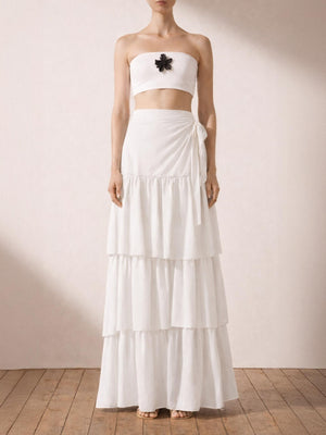 Bağlamalı Katlı Maxi Poplin Etek Beyaz