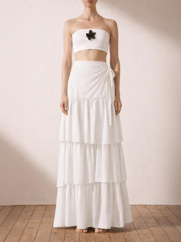 Bağlamalı Katlı Maxi Poplin Etek Beyaz