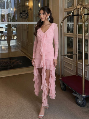 Fırfırlı Volanlı Mini Tül Elbise Pudra