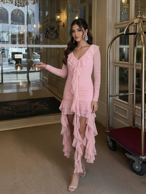 Fırfırlı Volanlı Mini Tül Elbise Pudra