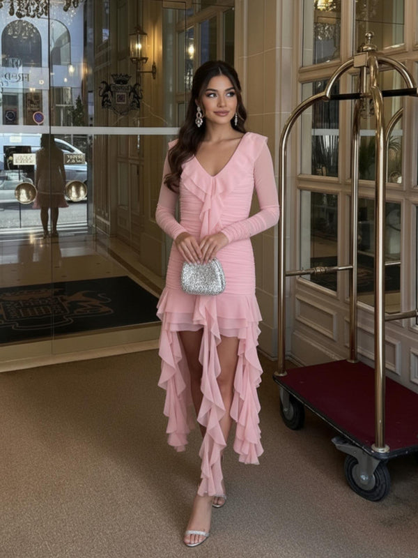 Fırfırlı Volanlı Mini Tül Elbise Pudra