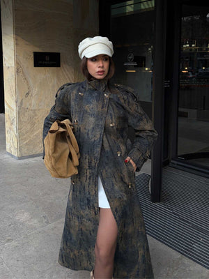 Flok Desenli Trençkot Lacivert