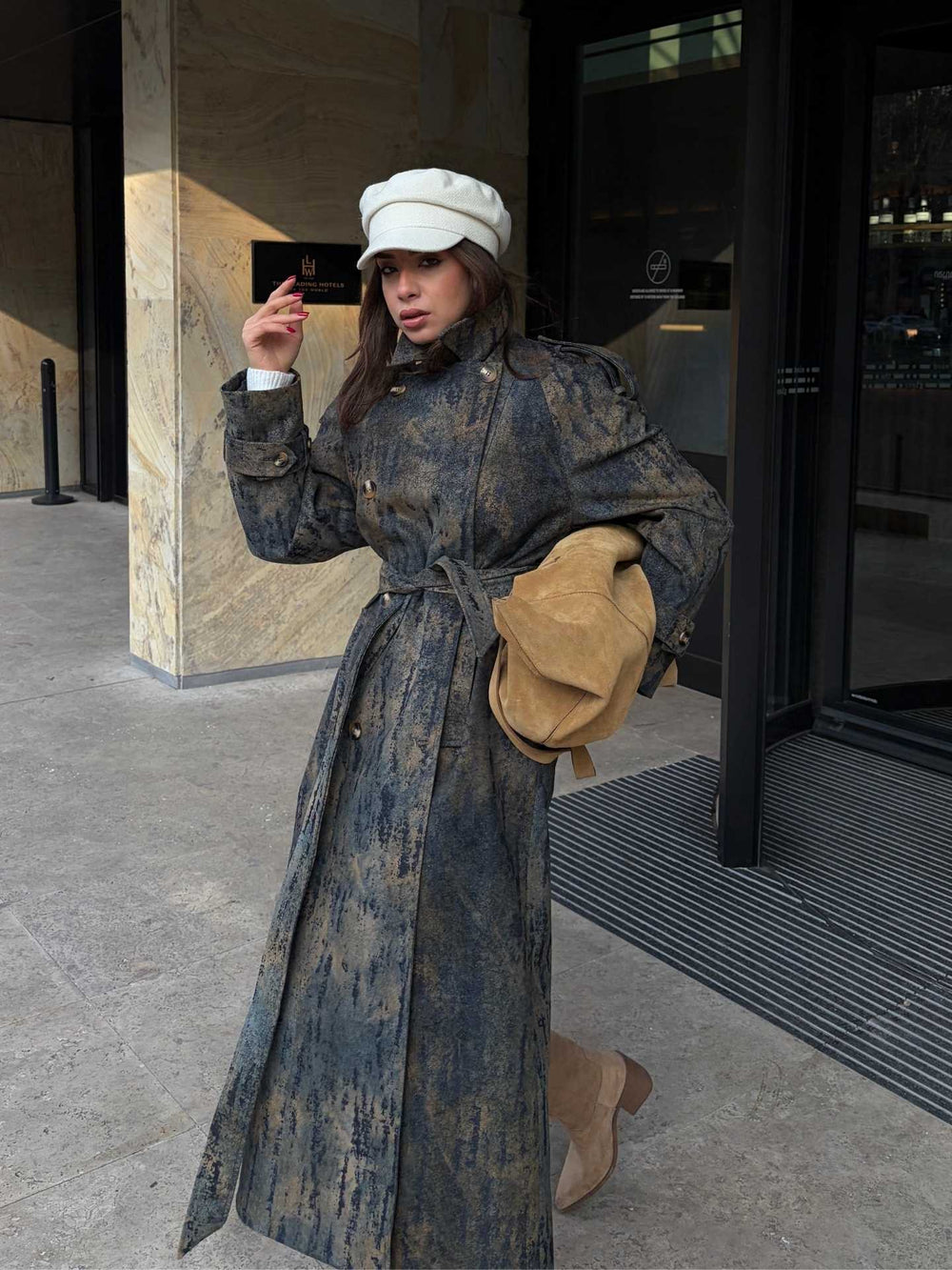 Flok Desenli Trençkot Lacivert