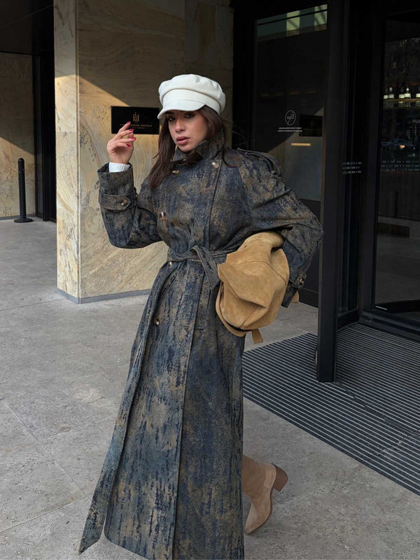 Flok Desenli Trençkot Lacivert