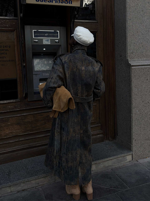 Flok Desenli Trençkot Lacivert