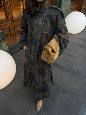 Flok Desenli Trençkot Lacivert