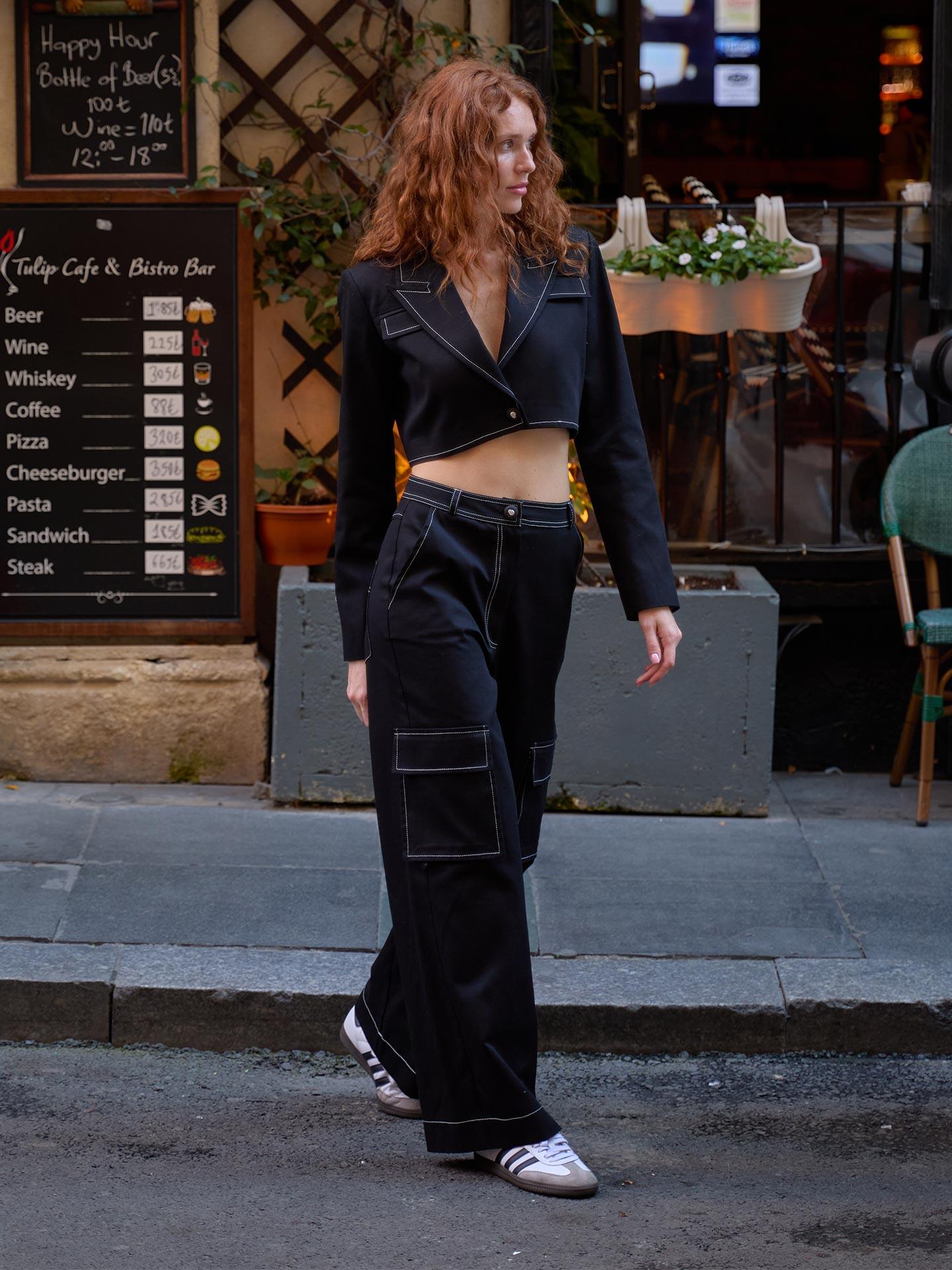 Gabardin Dikiş Detay Kargo Pantolon Siyah