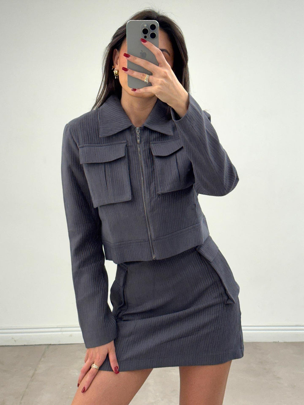 Kadife Cep Detay Ceket Antrasit